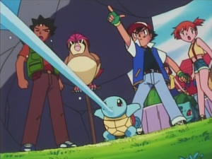 Squirtle de Ash usando pistola agua.