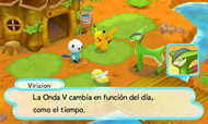 Pikachu y Oshawott conversando con Virizion sobre las Ondas V.