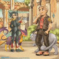 Artwork de Aza junto a Denio en Pokémon Masters EX.