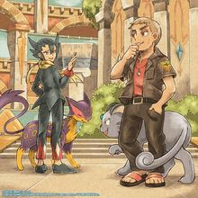 Artwork de Denio junto a Aza en Pokémon Masters EX.