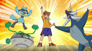 Samurott celebrando su victoria con Cameron y sus compañeros Pokémon.