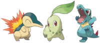 Nuevas ilustraciones de los Pokémon iniciales de Johto, Totodile, Chikorita y Cyndaquil.