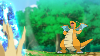 Dragonite de Ash usando vendaval.