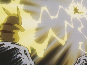 Pikachu de Ash usando trueno.