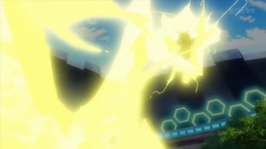 Pikachu de Ash usando Atactrueno/Rayo.