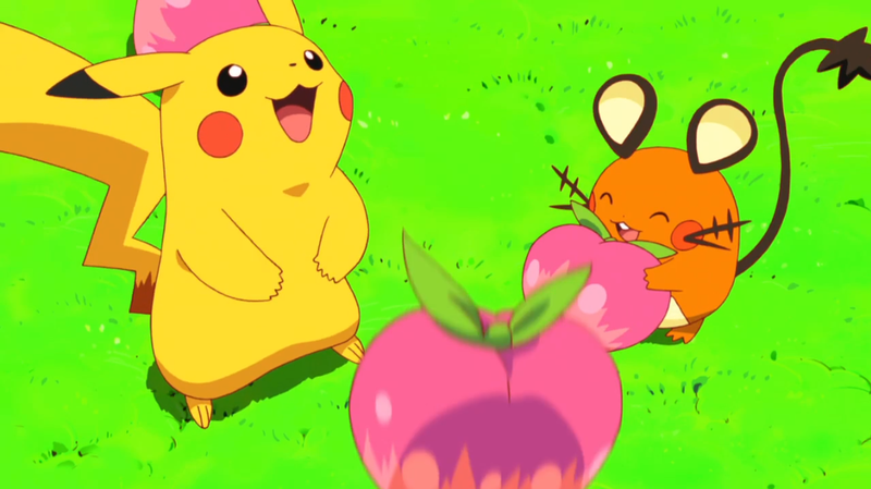 Archivo:PK21 Pikachu y Dedenne con bayas Meloc.png
