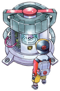 Ilustración de Eco y la cápsula del tiempo en Pokémon Oro y Pokémon Plata.