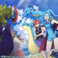 Artwork de Débora junto a Iris y Lorelei en Pokémon Masters EX.