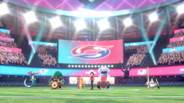 Equipo Pokémon en el estadio en la pantalla de título en Pokémon Espada y Escudo.