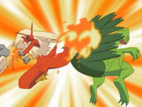 Blaziken de May/Aura usando patada ígnea.