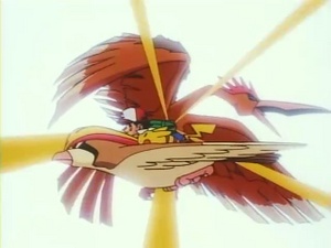 Pidgeot de Ash usando ataque rápido.