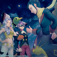 Artwork de Aza junto a Karen y Mento en Pokémon Masters EX.
