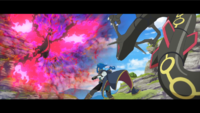 Rayquaza enfrentándose a Moltres de Galar.