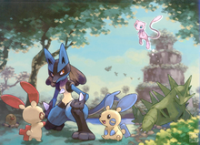 Ilustración de Plusle, Minun, Lucario, Tyranitar, Mew y Diglett.