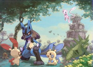 Ilustración de Plusle, Minun, Lucario, Tyranitar, Mew y Diglett.