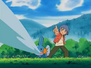 Mudkip usando Chorro de Agua/Pistola Agua.