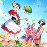 Artwork de Erika junto a Sémola en Pokémon Masters EX.