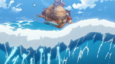 Valiente Olivino cabalgando olas en las aguas de los piratas.