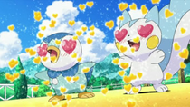 Piplup y Pachirisu de Dawn/Maya enamorados por el ataque atracción de Glameow y Umbreon.