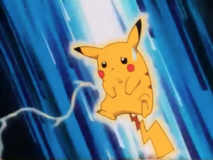 Pikachu de Ash usando impactrueno.