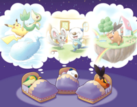 Ilustración de Pokémon disfrutando de varios minijuegos en Pokémon Dream World.