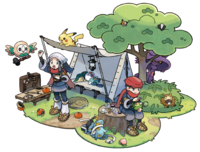 Luka y Kira en el artwork del campamento Pokémon de Leyendas Pokémon: Arceus.