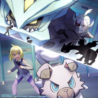 Artwork de Ghechis y Kyurem enfrentando a Paolo y Rockruff.