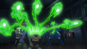 Chespin de Clemont/Lem usando Misil Aguja/Pin Misil.