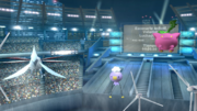 Skarmory, Drifloon y Hoppip en el escenario Estadio Pokémon 2 en SSB4 para Wii U.