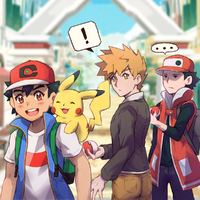 Artwork de Azul junto a Ash y Rojo en Pokémon Masters EX.