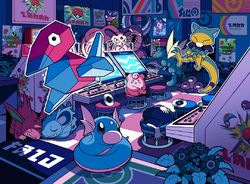 Ilustración de la Sala de Juegos Rocket por la noche con varios de los Pokémon canjeables por fichas.