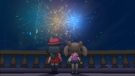 Escena de los fuegos artificiales en el Palacio Cénit en Pokémon X e Y de noche.
