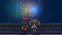 Escena de los fuegos artificiales en el Palacio Cénit en Pokémon X e Y de noche.