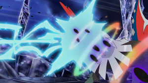 Rayo hielo del Absol de Samina chocando contra el pulso umbrío del Umbreon de Gladion/Gladio.