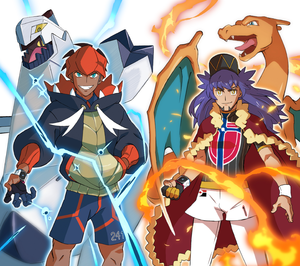 Ilustración de Leon/Lionel y su Charizard y Roy y su Duraludon.