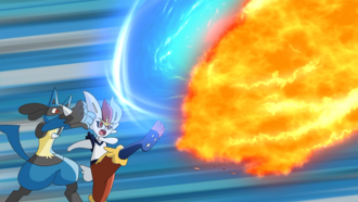 Lucario de Ash usando esfera aural.
