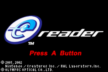 Pantalla de título del Nintendo e-Reader, al presionar "A" nos lleva a la pantalla de menú (Versión americana)