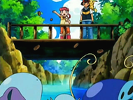 Paige repartiendo galletas a los Pokémon del bosque.