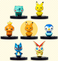 El primer pack de figuras NFC contiene figuras de Bulbasaur, Pikachu, Torchic, Piplup, Lucario y Victini; y una especial de un Pikachu variocolor.