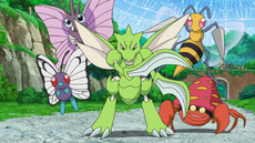 Beedrill junto a su comunidad de Pokémon del Laboratorio Cerise/Cerezo.