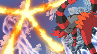 Incineroar de Ash usando llamarada.