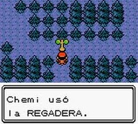 Protagonista usando la regadera en Pokémon Cristal.