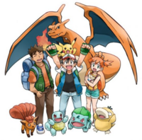 Artwork oficial de Ash y sus amigos en el manga Pokémon: Mewtwo Strikes Back—Evolution.