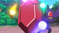 Mega-Sableye de Uruto usando rayo de confusión/rayo confuso.