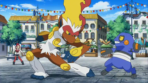 Allegra junto a su Infernape en una batalla contra el Croagunk de Brock.