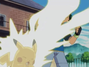 Pikachu utilizando Impactrueno/Rayo.