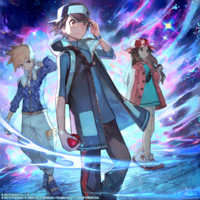 Artwork de Azul junto a Rojo y Hoja con su apariencia Traje S EX en Pokémon Masters EX.