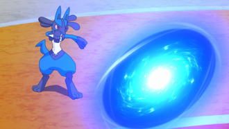 Lucario de Ash usando esfera aural.
