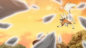 Lycanroc de Ash usando lanzarrocas.