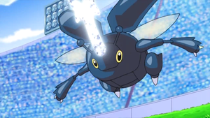 Heracross de Ash usando Ataque de Cuerno/Cornada.